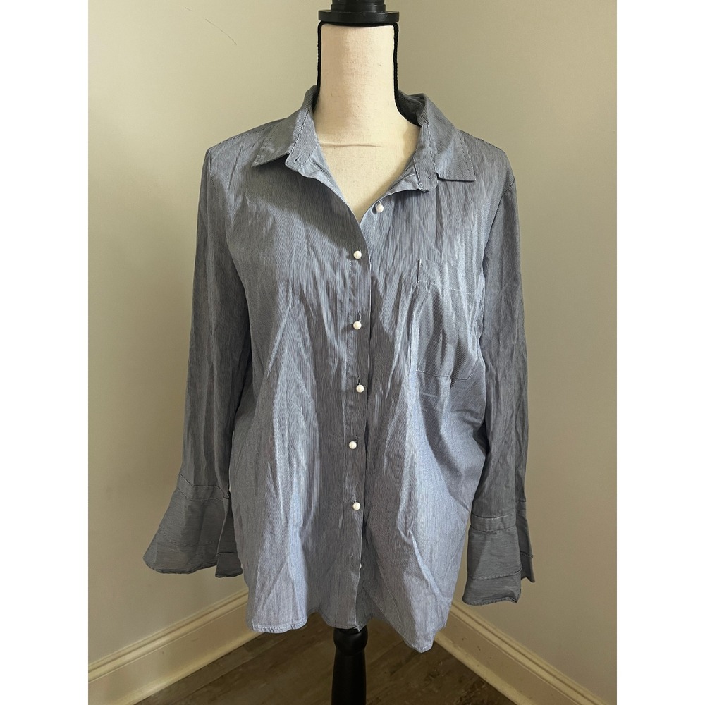 Pearl Button Down Shirt Large Navy Striped Boho Chic Office French Minimalist